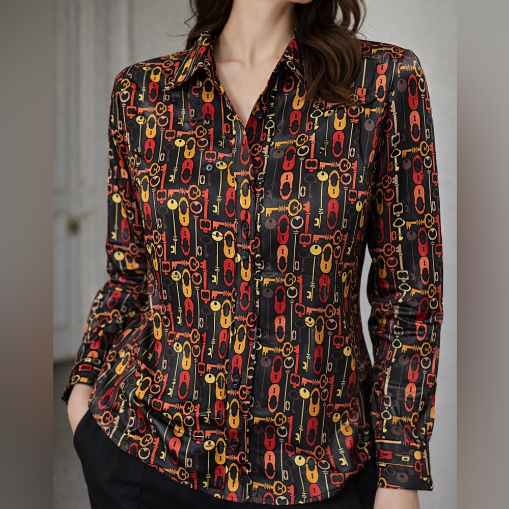 L11. Elegant Satin button down  Black and Red Patterned Women's Top